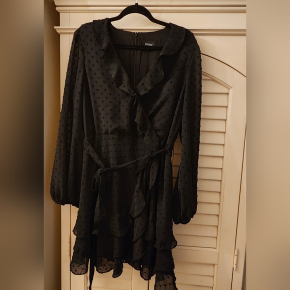 BARDOT Triple Frill Long Sleeve Polka Dot, Chiffon Mini Dress, Black, SZ 16 - Picture 6 of 11